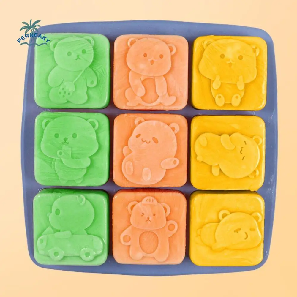 Silicone Bear Pattern Ice Cube Mold Square with Lid Food Supplement Mold High Temperature Resistant 9 Cavities Rice Cake Molds