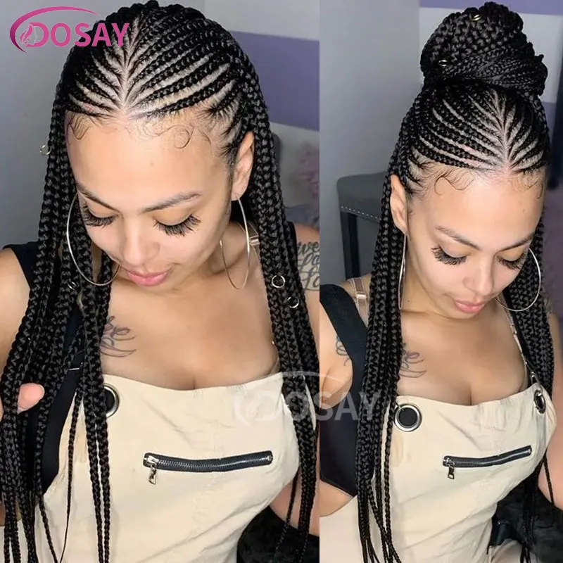 Sintético Full Lace trançado perucas para mulheres negras, tranças tribais, Jumbo Knotless, Box Braid, Cornrow peruca, Africano, 36"