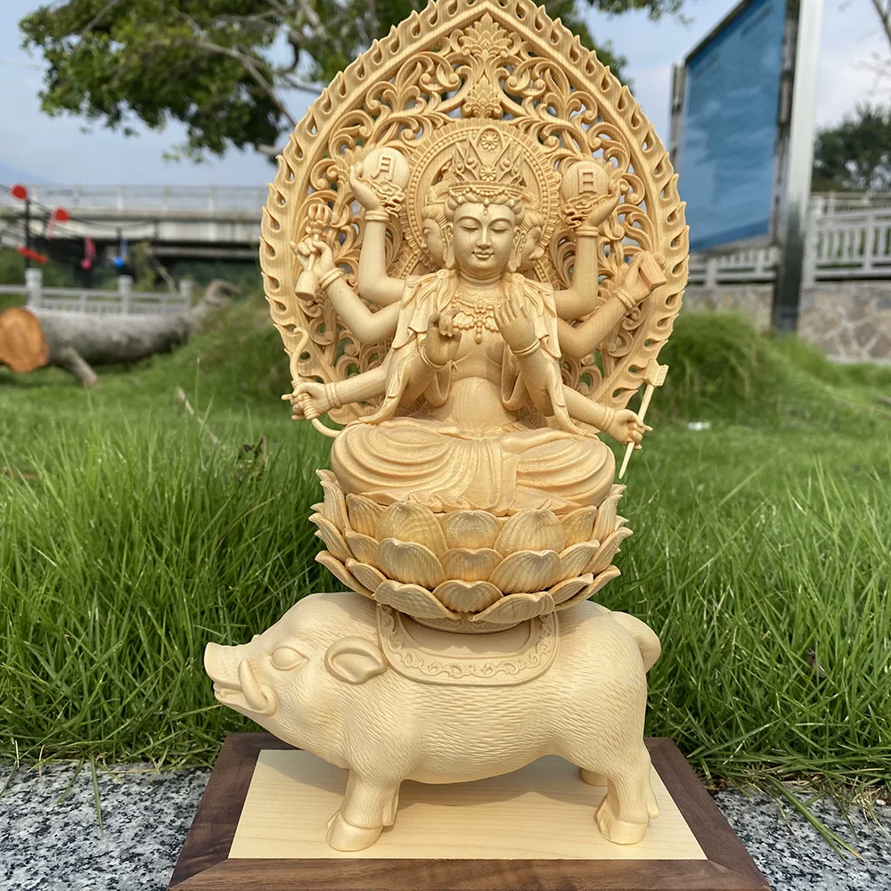 Marici Statue, Hinoki Wood Hand-Carved Three-Faced Eight-Armed Goddess, Molizhitian Buddhist Deity for Home Altar, Esoteric Budd