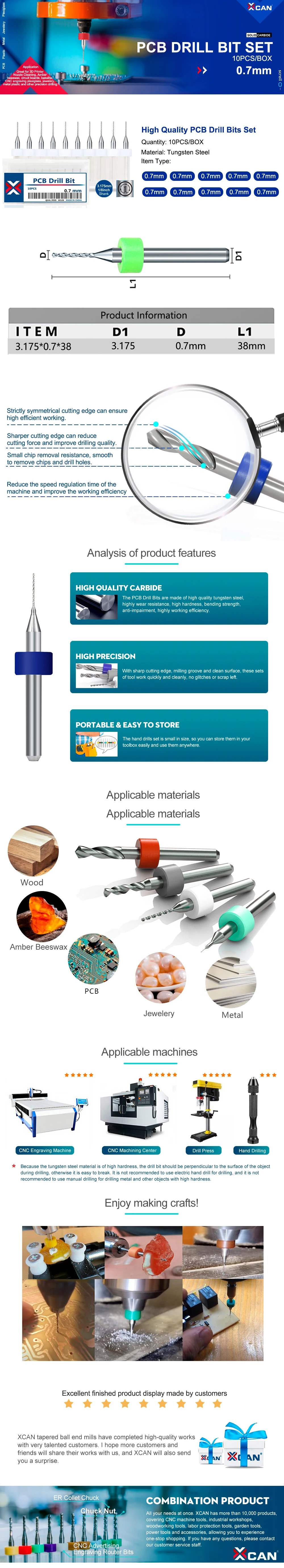 XCAN 0,7 mm Mini-Bohrer-Set, 3,175 mm Schaft, Hartmetall-Leiterplattenbohrer zum Bohren von Leiterplatten, Bohrwerkzeugen, 10 Stück/Karton – Detail 3
