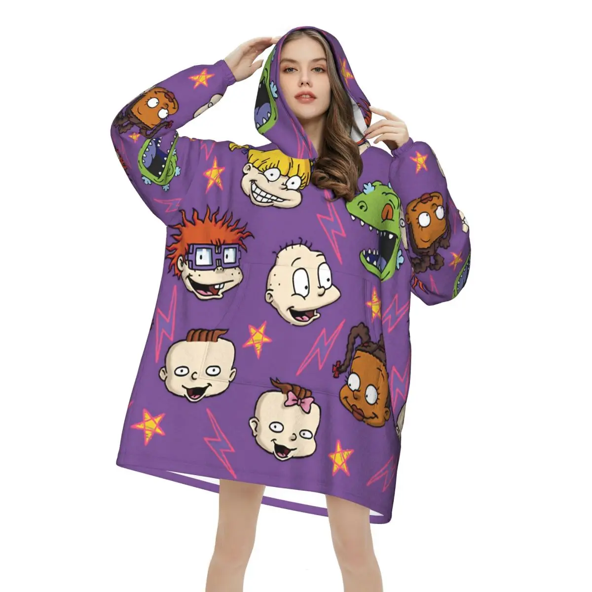 Cartoon R-Rugrats Oversized Blanket Hoodie Sweatshirt Long Fleece Hooded Wearable Blanket with Large Pocket for Women Men