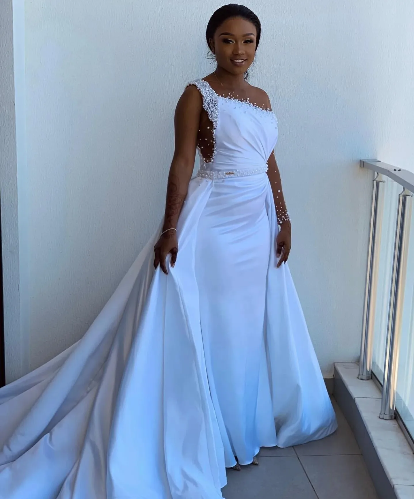 

New African Mermaid Wedding Dress 2026 Detachable Train Sheer One Shoulder Long Sleeves Pearls Satin Bridal Bride Grown Vestido