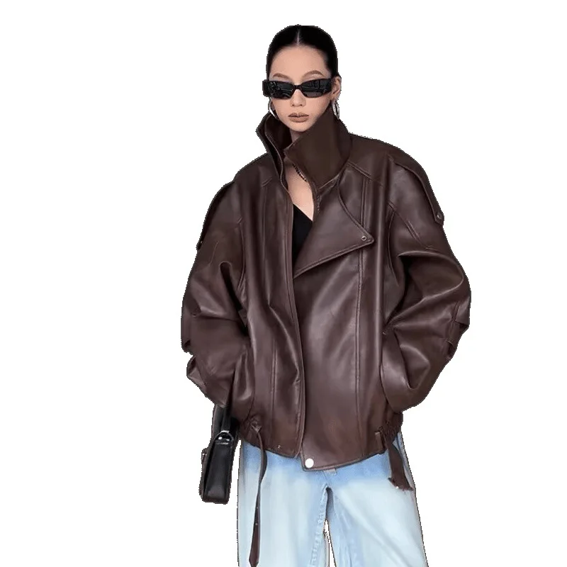 Chaqueta de piel sintética marrón Retro americana para mujer, abrigo de motociclista corto holgado y ajustado de otoño 2025