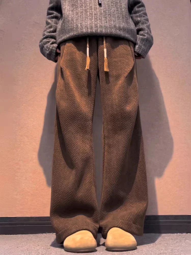 

Коричневые мужские брюки в клетку с отворотами, осенне-зимние, прямого кроя, на флисовой подкладке, свободные повседневные брюки в винтажном стиле