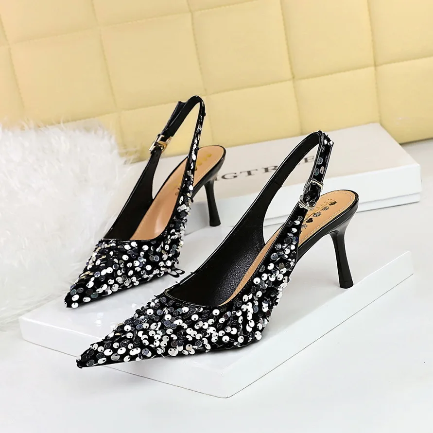 

Style Banquet High Heels Women's Empty Shoes Shallow Cut Pointed Hollow Back Strap Sequin Single Shoes Women Pumps туфли женские