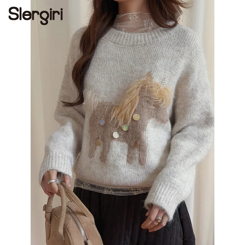 

Slergiri Plush Horse Sequined Sweater Women Fashion New 2026 Autumn Winter Korean Long Sleeve Casual Knitted Pullover Jumper