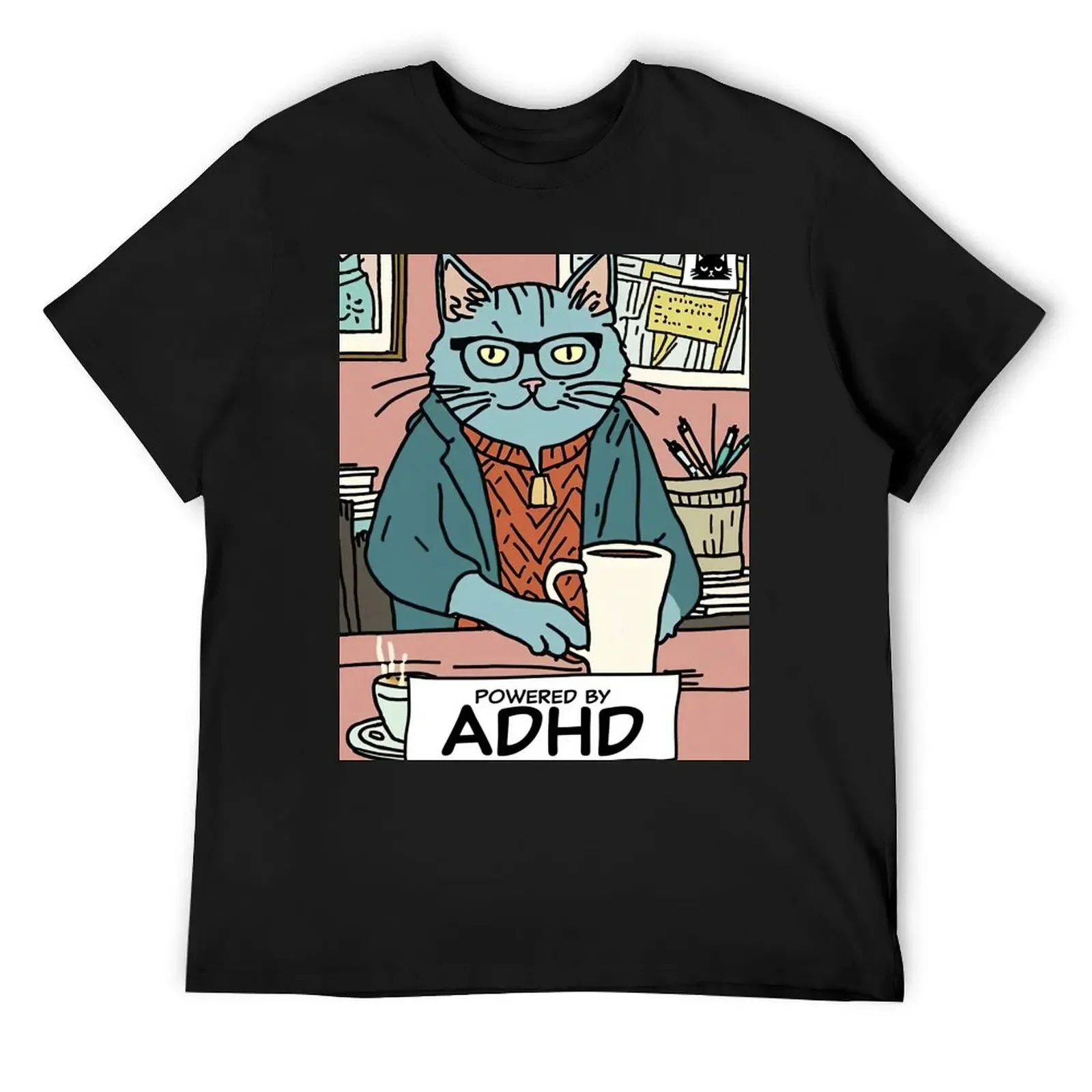 Powered by ADHD - Sarcastic Exhausted Cat Illustration T-Shirt kawaii clothes anime clothes men workout shirt