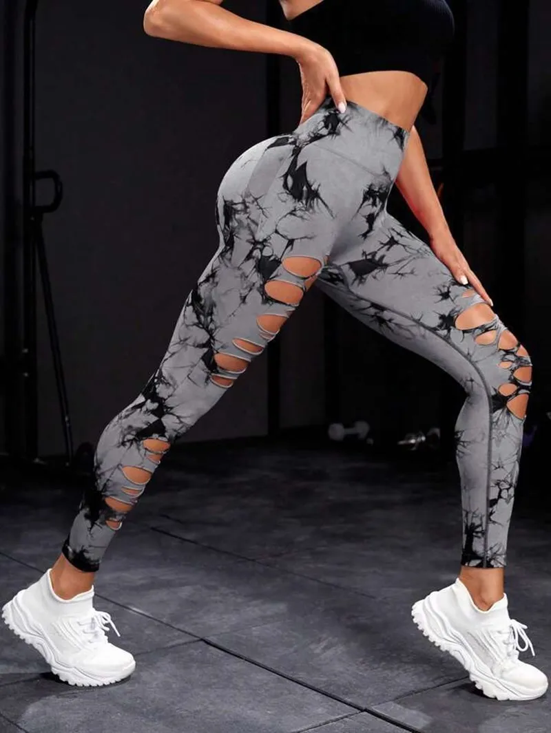 Neue sexy Hollow Out Tie Dye Leggings Frauen nahtlose Leggings hohe Taille Hüfte heben dehnbare Sport Fitness Laufen Yoga Strumpfhosen