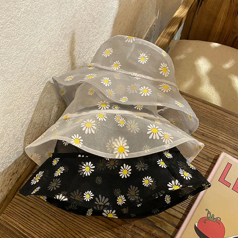 Summer Small Daisy Sun Cap Woman Korean Fashion Light Breathable Sunshade Hat Daisies Gauze Bucket Hats Accessory Creative Gifts