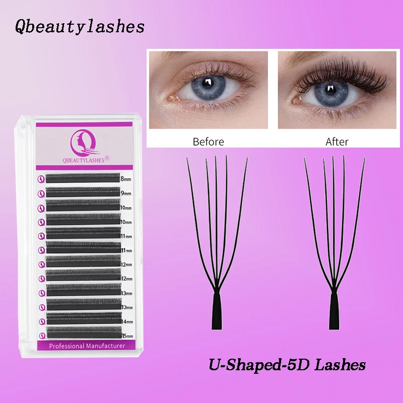 

Qbeautylashes U Shaped 5D YY Lashes 8-15mm Mix Length Premade Fans U Eyelash Extensions Lightweight Easy to Use False Lashes