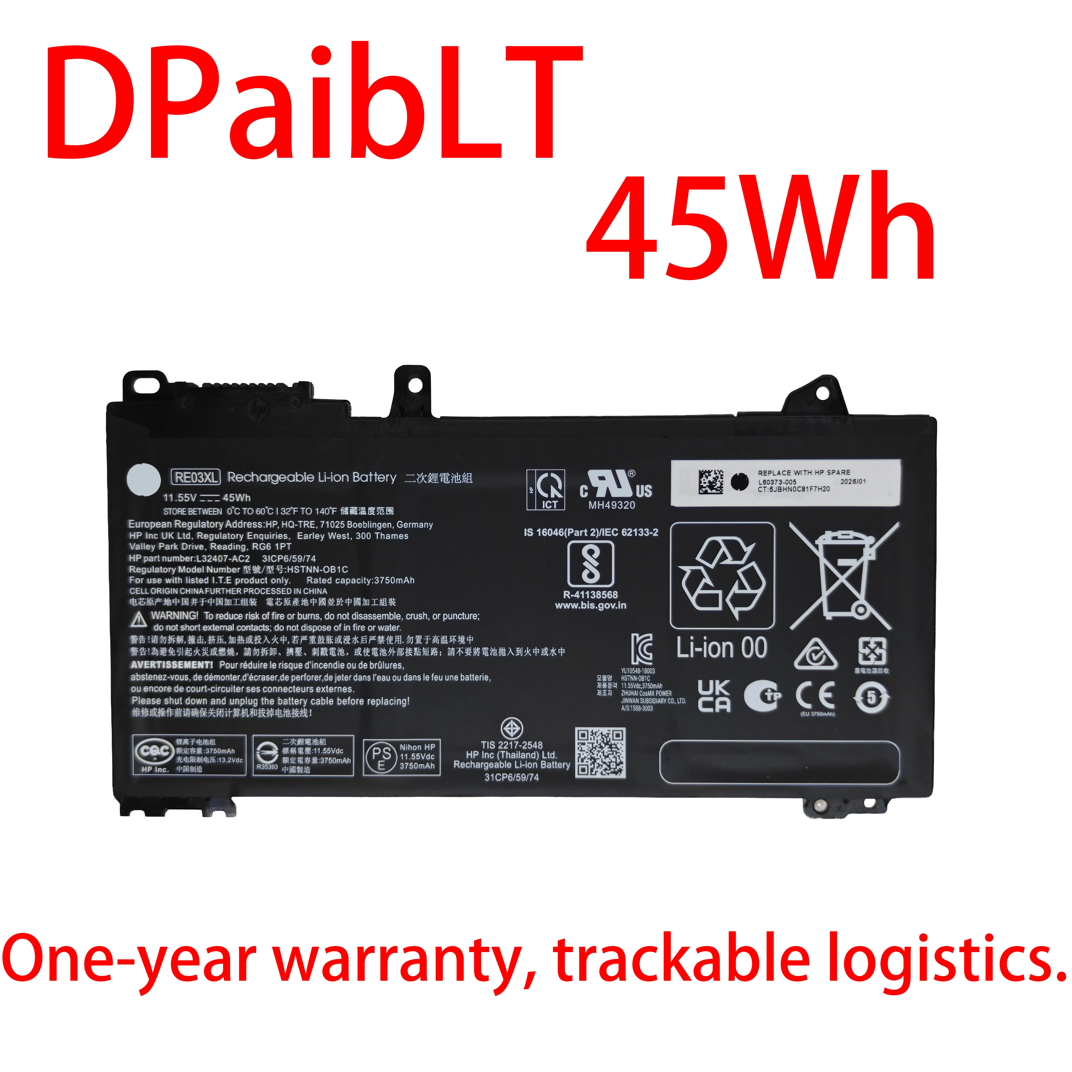 

DPaibLT НОВЫЙ АККУМУЛЯТОР ДЛЯ НОУТБУКА 45Wh 11.55V RE03XL для HP ProBook 430 440 445 450 455 G6 Series HSTNN-DB9N HSTNN-UB7R L32407-2B1