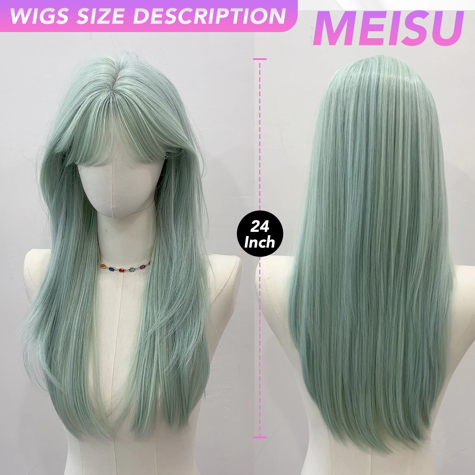 MEISU 24 Inch Long Straight Synthetic Wig Layered Mint Green Heat-Resistant Natural Smooth Hair Stylish Party For Women