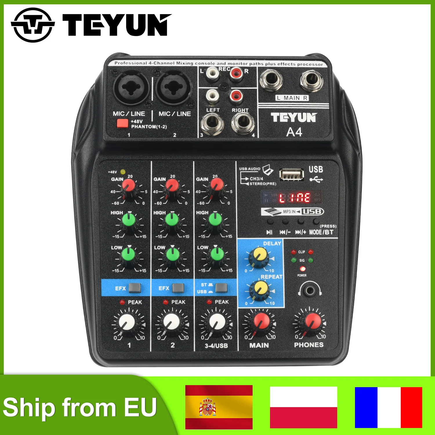 TEYUN A4 4 Channel Mini Audio Mixer Effect 48V Bluetooth-function Portable Mixing TableUSB Play Music Home Record Sound Console