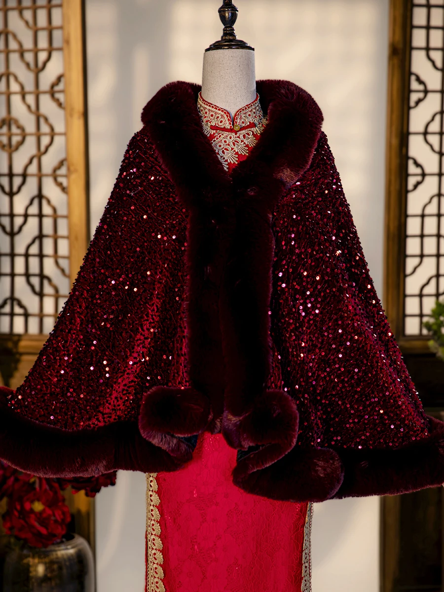 

Red Wine Color awl Women's Outerwear Fake Rabbit Fur Collar iny Sequins Autumn Winter Wedding Mother-in-law's D...