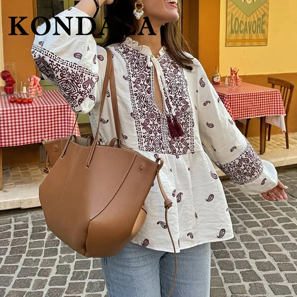 

KONDALA свободная кружевная лоскутная праздничная женская блузка с цветочным принтом, повседневная мода 2025 года, элегантные винтажные плиссированные рубашки Mujer