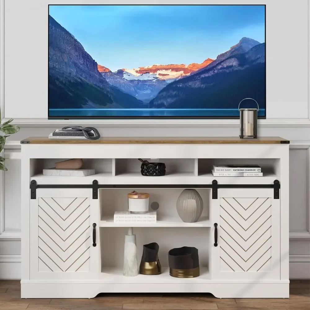 

Modern Farmhouse TV Stand for Televisions up to 65 Inch with Two Sliding Barn Doors and Storage Cabinets