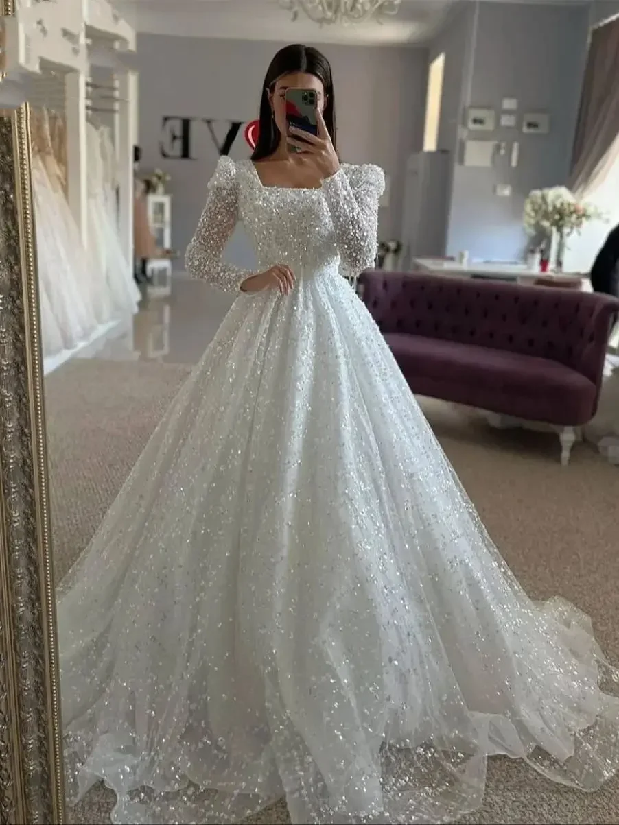 Abiti da sposa personalizzati con colletto quadrato con paillettes avorio A-Line maniche lunghe abiti da sposa Abiti da sera formali da sposa