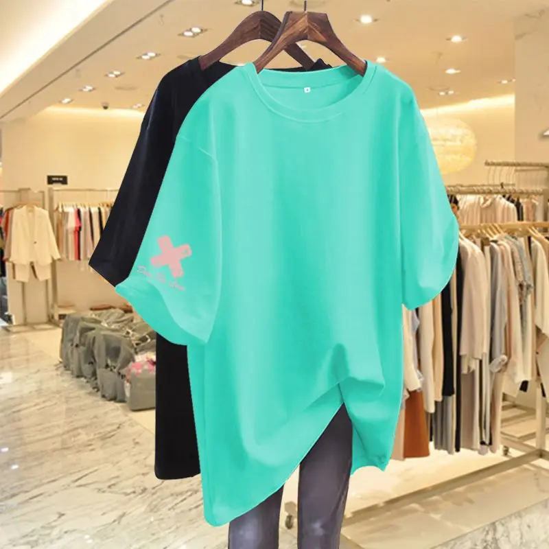 Summer Casual Chic Solid Short Sleeve T-shirt Women Clothing Fashion O-neck Pure Cotton Tee Office Lady Loose Tops 45-105Kg