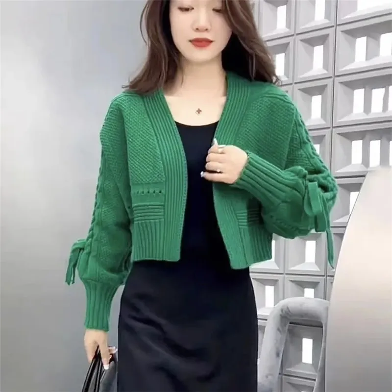 

Green Casual Knitted Cardigan Sweater Women Fashion V-Neck Lantern Sleeve Lace Up Short Knitwear Loose Female Outerwear B1266