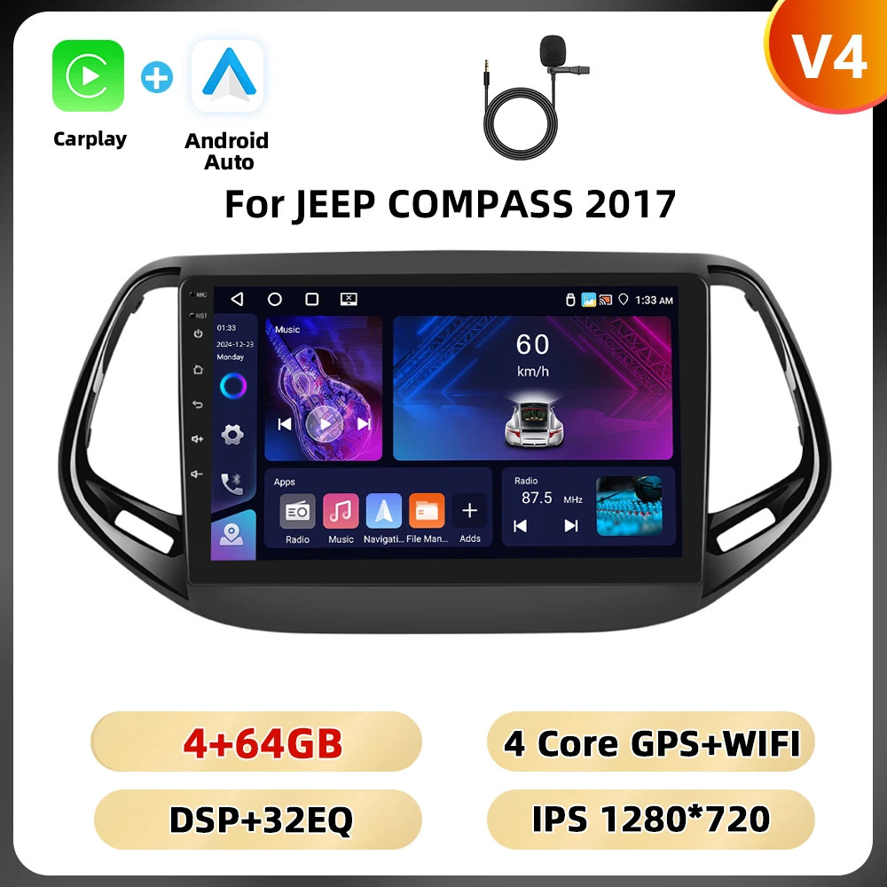 Podofo Gps Wifi 4G Auto Audio Voor Jeep Kompas 2017 Multimedia Speler Bluetooth Carplay Android Auto 8Core Fm Rds Dsp Autoradio