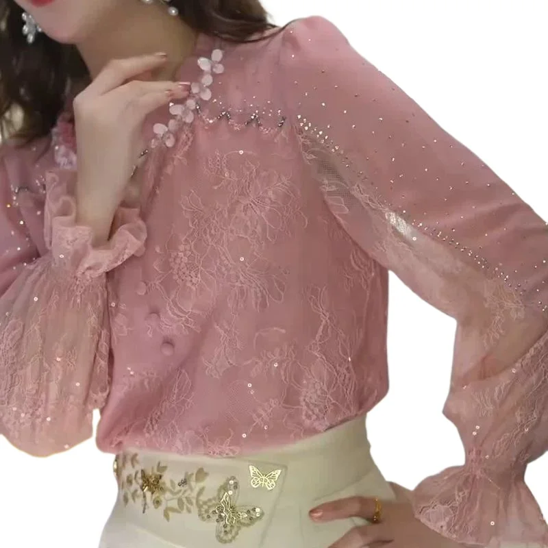 

Женская блузка из шифона с V-образным вырезом и расклешенными рукавами, топ с бриллиантовой отделкой, коллекция Весна-Осень 2026