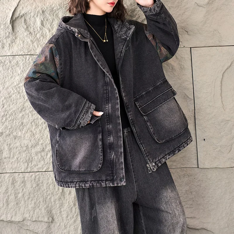 قداس واس الشتاء المطبوعة الدافئة الدنيم مقنعين معاطف المرأة عارضة الأزياء الكلاسيكية مبطن الستر السيدات خمر رشاقته سترات