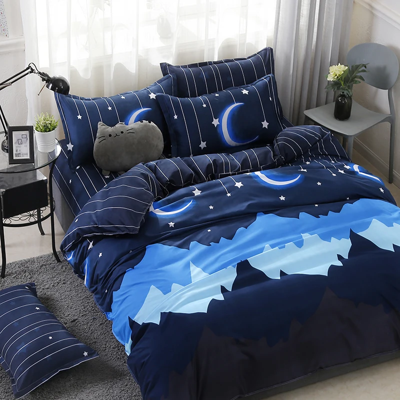 1PC Quilt Cover: Dark Blue, Moon & Star & Layered Mountains, Quiet Starry Vibe, Skin-Friendly, Fits Single/Double