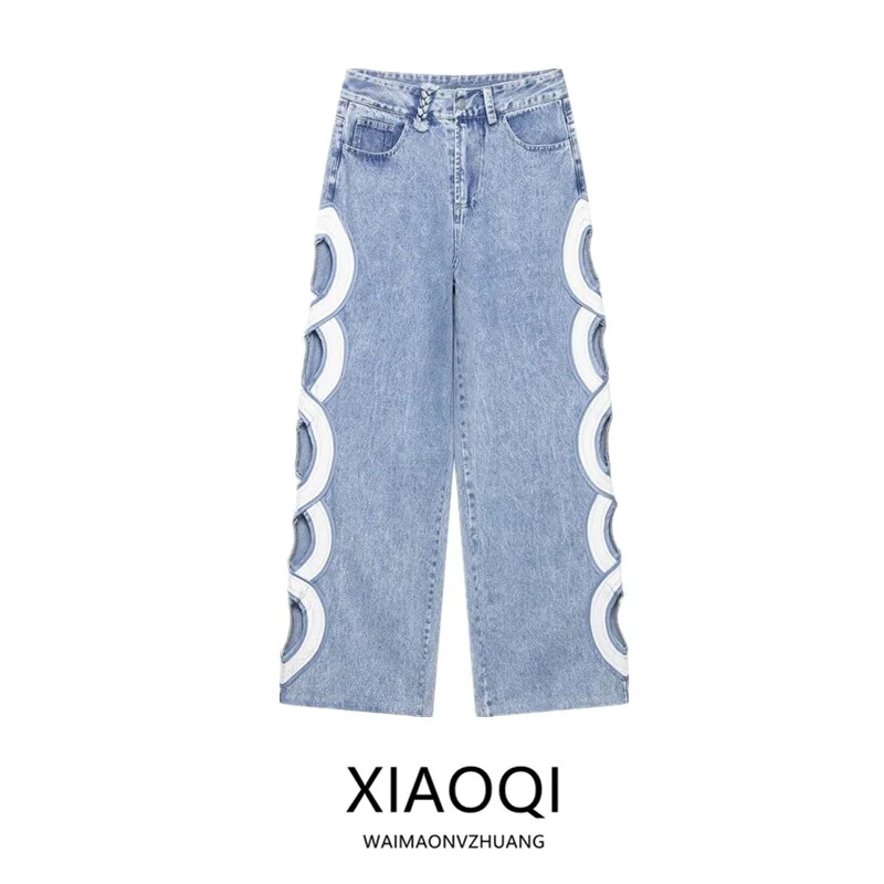 

Summer 2026 Women's High Waist Straight Leg Jeans Side Hollow out Design Denim Long Pants Torn Hole Detail Button Closure
