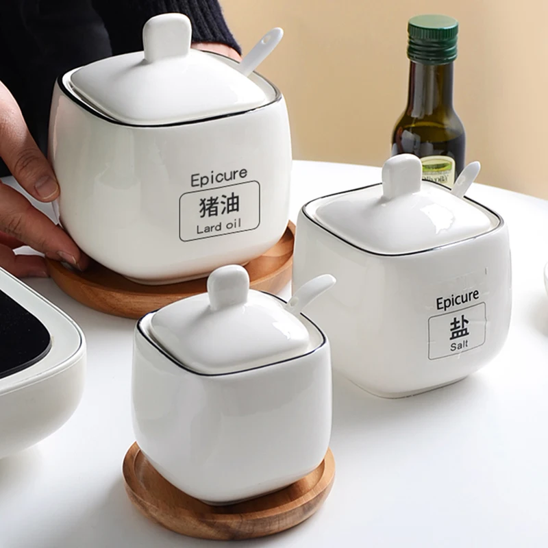 Tarro de manteca de cerdo de cerámica resistente al calor con tapa, cuchara nórdica, nueva caja de condimentos de cocina, lata de aceite de alta estética Simple sólida