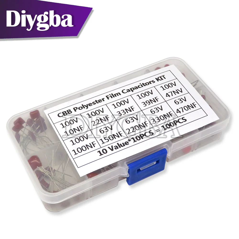 100PCS Metallized Polyester Film Capacitors 10nF~470nF Assortment Kit High precision and stability samples CBB capacitor set