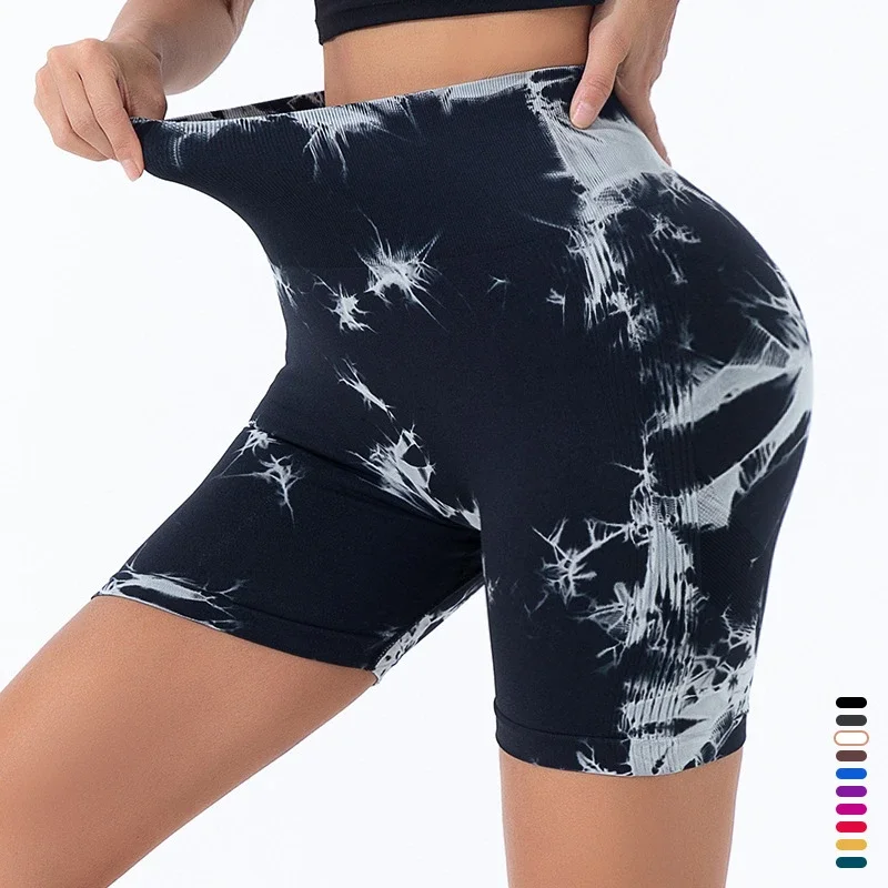 Spodenki do jogi z wysokim stanem damskie bezszwowe spodenki Push Up do ćwiczeń szorty do biegania Tie Dye modne spodnie z dzianiny wąskie