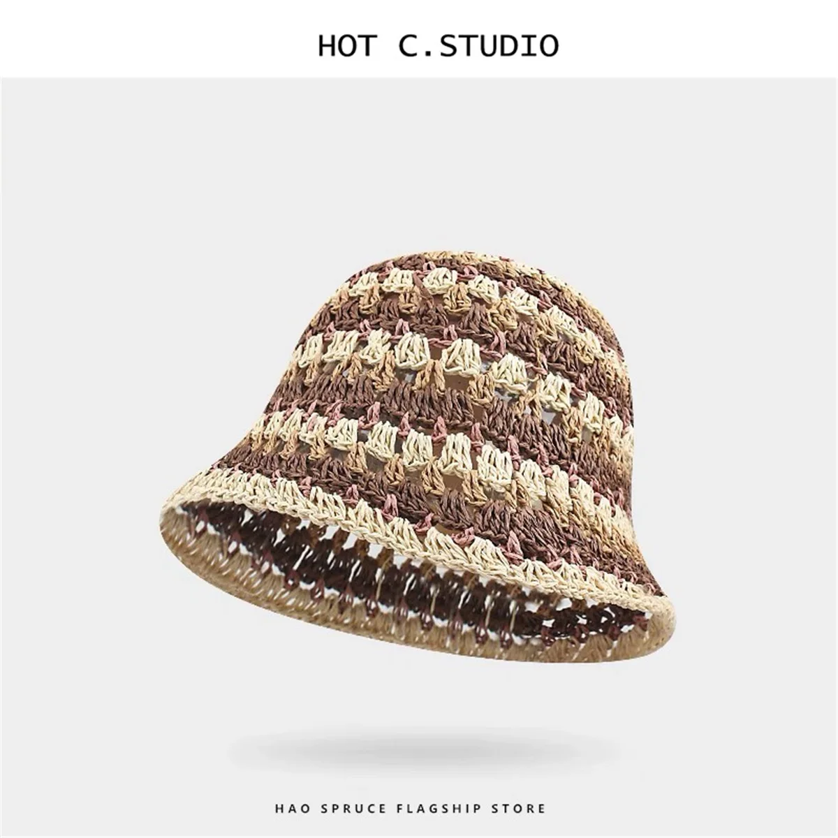 Colorful dopamine striped hollow straw hat for women summer seaside vacation fisherman hat 5
