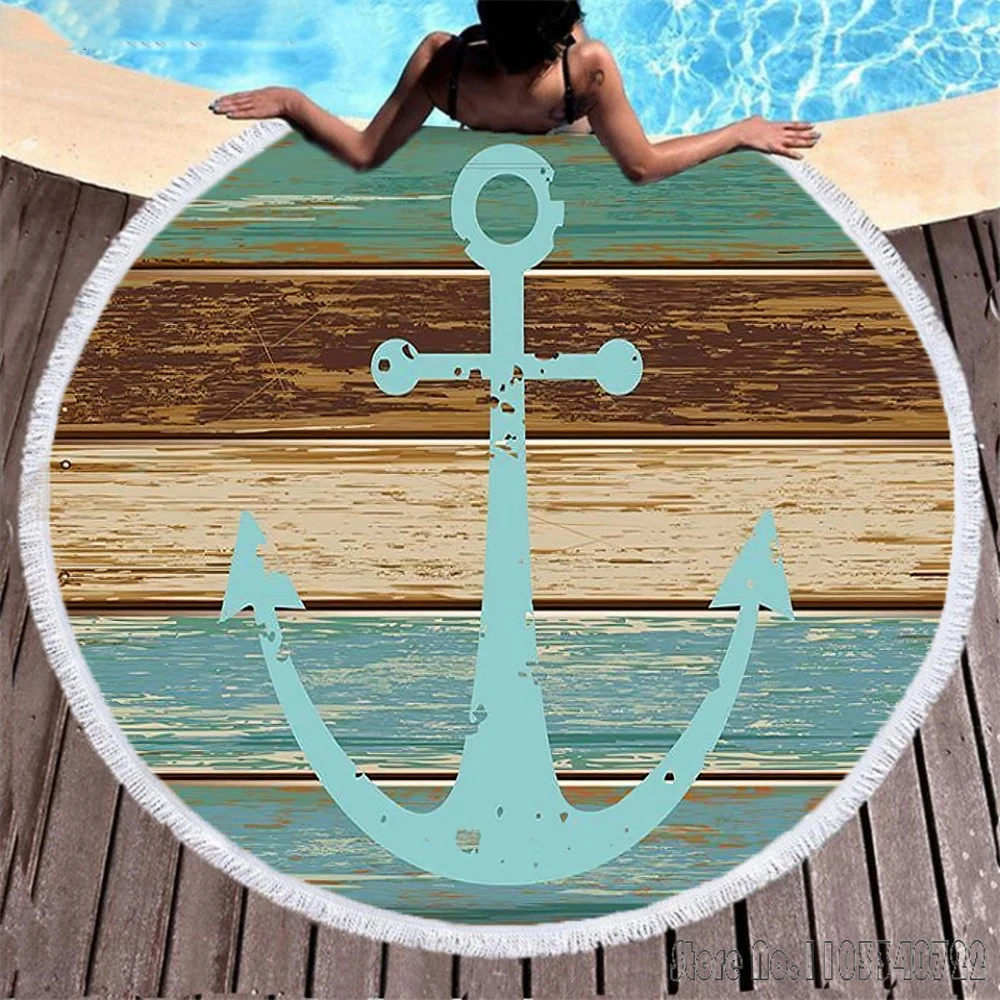 Dark Blue White Boat Anchor  Round 150cm Beach Towel Microfiber Children Kids Sport Swimming Hawaii Bath Towel with Tassel