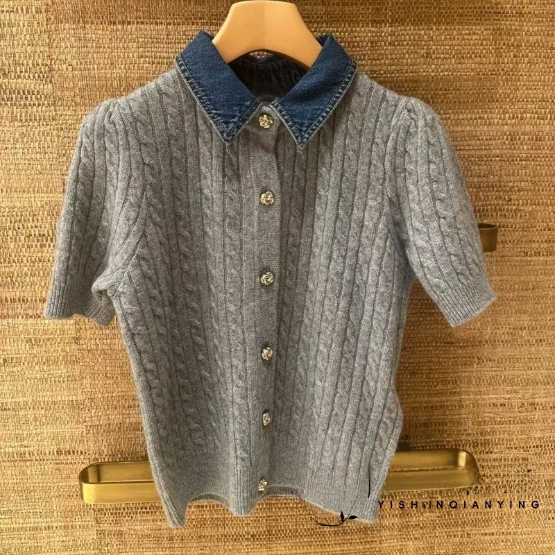 

S 2025 г., осень-зима, новый модный джинсовый воротник, вязаный открытый кардиган с воротником, женский топ для поездок на работу