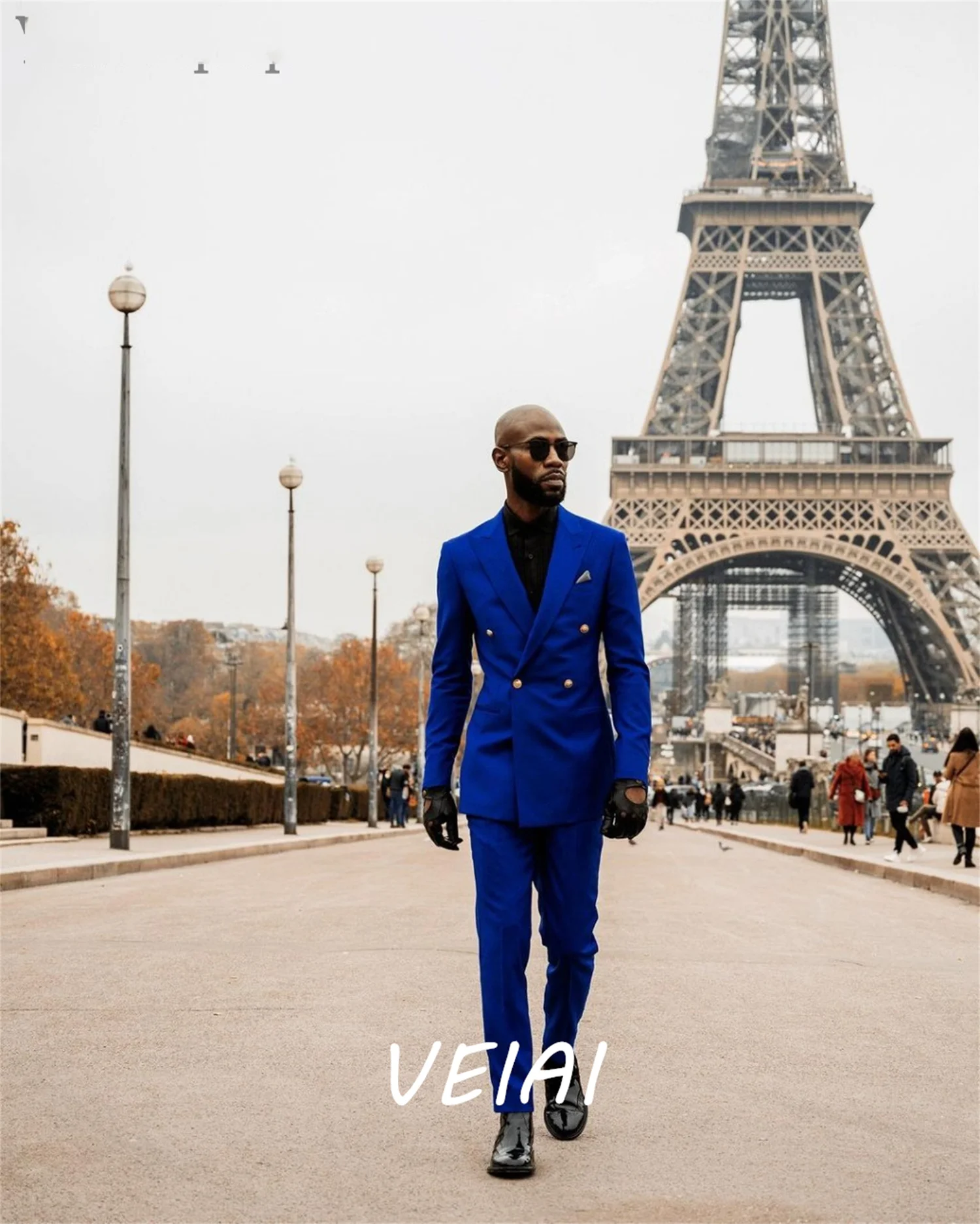 Setelan Jas Pria Biru Baru Custom 2 Potong Kerah Runcing Double Breasted Blazer Set Smoking Hombre Elegante Pakaian Pesta Pernikahan