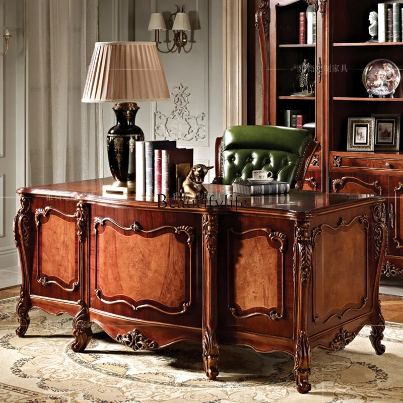 

American solid wood desk desk engraved parquet European retro luxury high-end