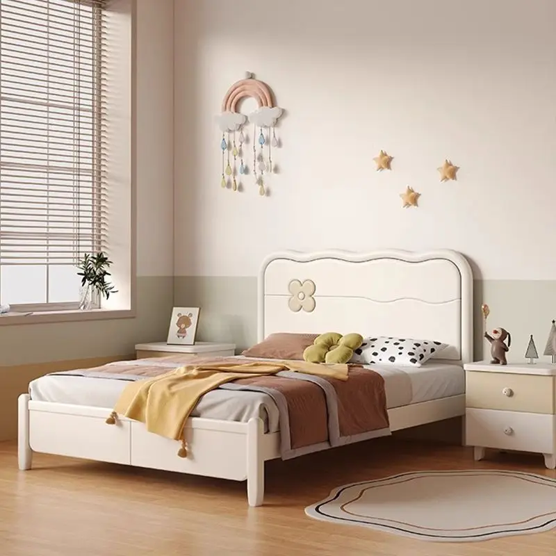 All-solid wood bed, oak cream style, bedroom and home use, small princess bed