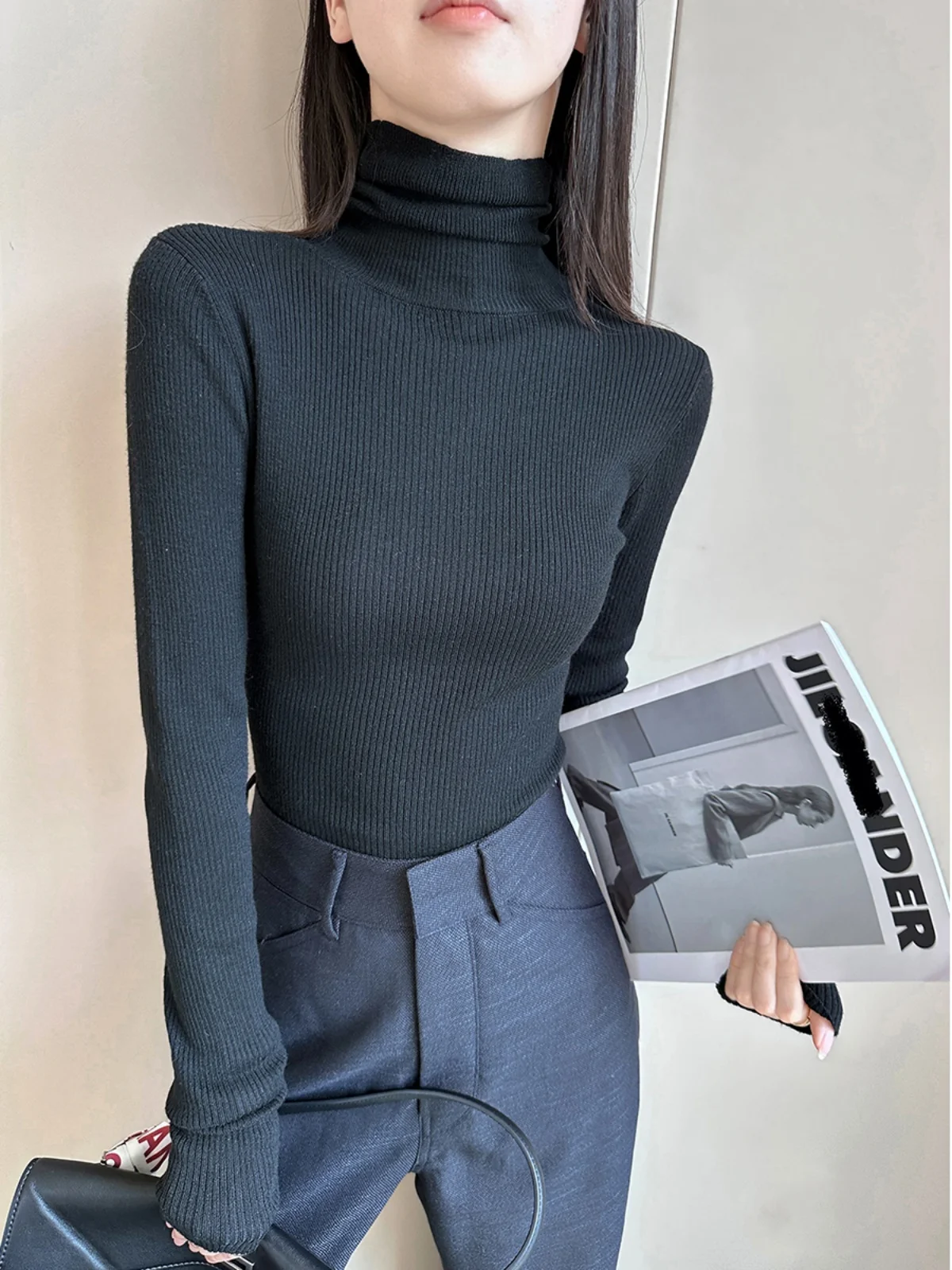 

Bla High Collar Long Sve Knitted Sweater Women's Slim Fit Elastic Base Layer Top New Arrival Autumn 2025 Commute Sle