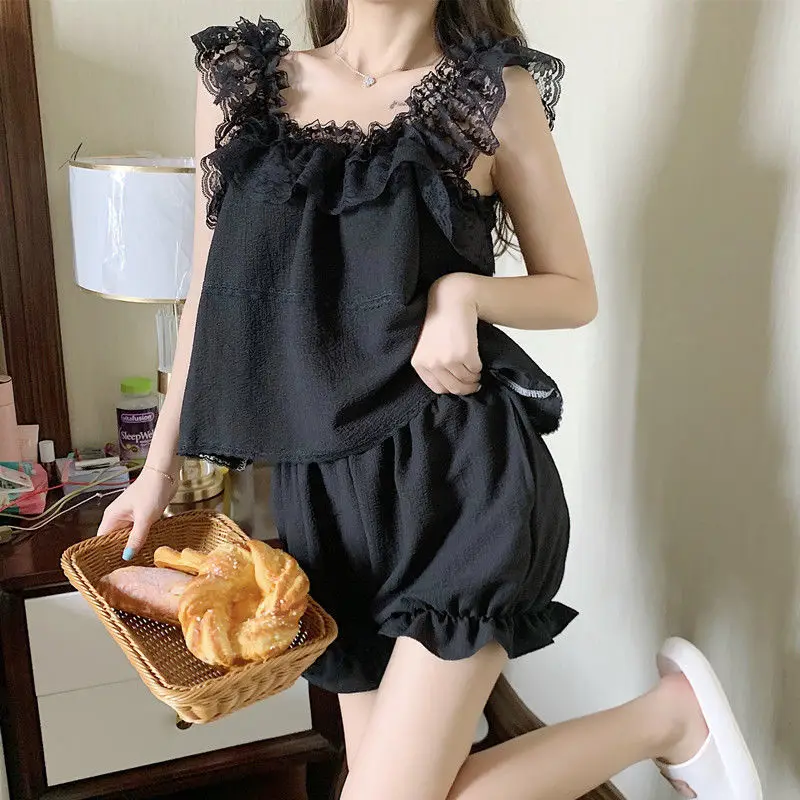 Sleeveless Lace Pajama Sets Women Pure Simple Ruffles Cute Comfortable Design Summer Home Ulzzang Colleges Sleepwear Sexy Preppy