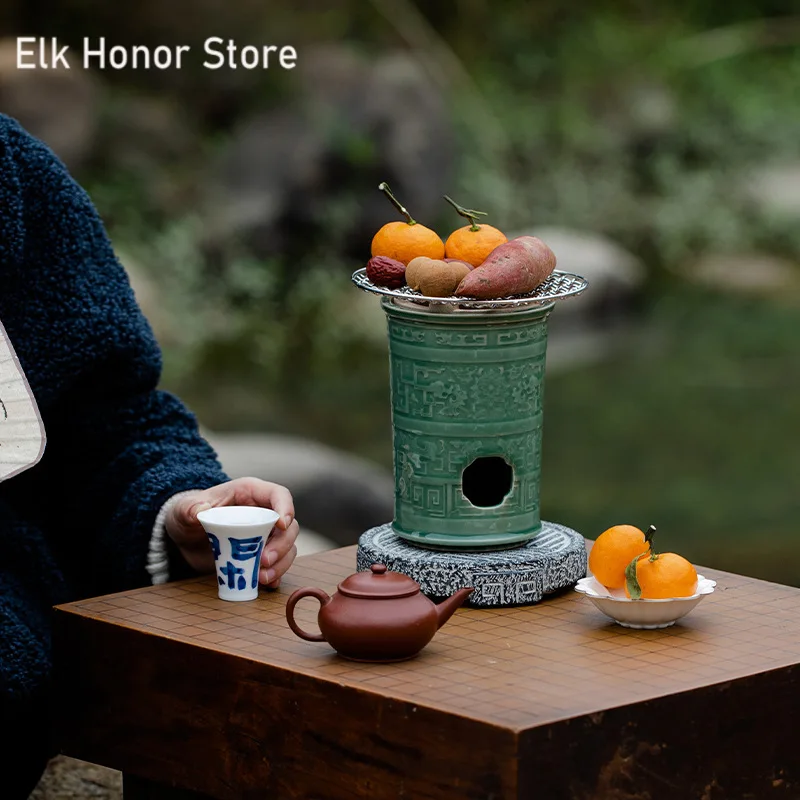 Yue Kiln Celadon Kungfu Tea Set Teapot Japanese Round Furnace Fast Alcohol Furnace Dry-fired Clay Teapot Beam Kettle Kitchen Bar