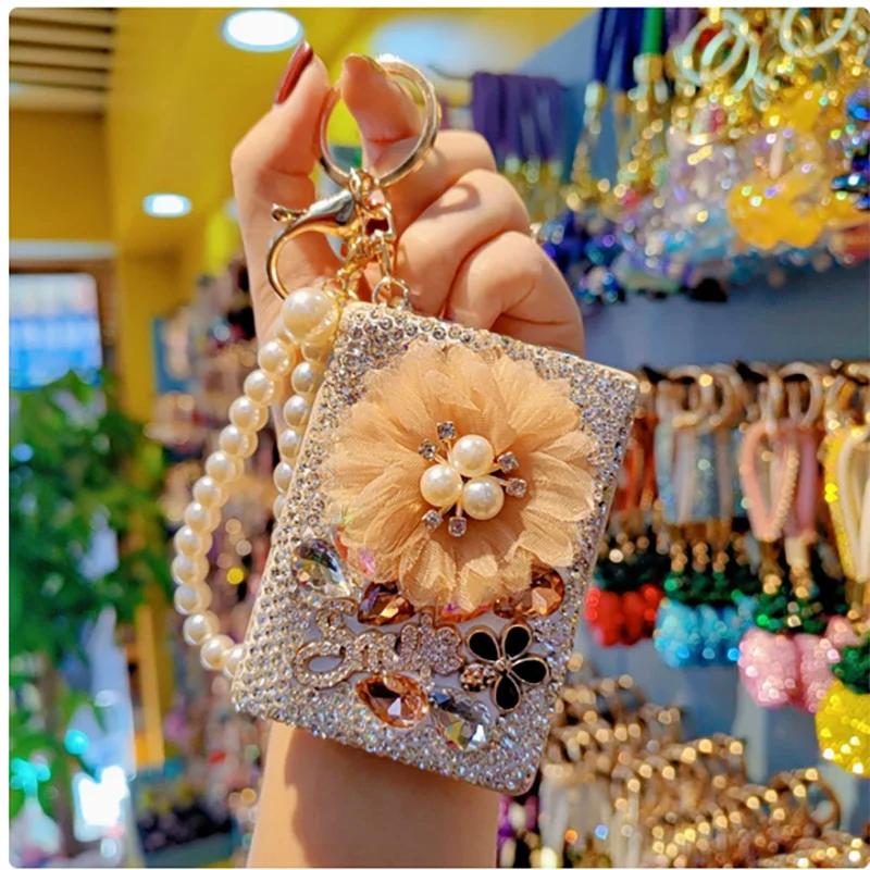 Bling Diamond Handheld Vanity Glass Portable Two-side Fold Makeup Mirror Mini Bag Charm With Pearl Chain Key Ring Pocket Mirror
