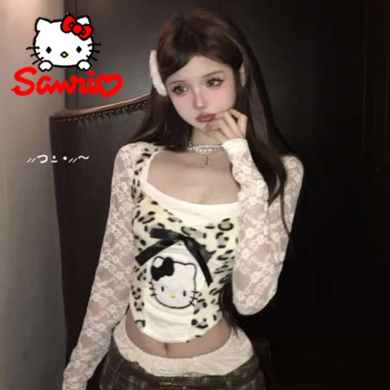 

Sanrio Hello Kitty Woman's Long Sleeve Cartoon Girls Bow Lace Patchwork Long Sleeved T-shirt Leopard Print Casual Round Neck Top