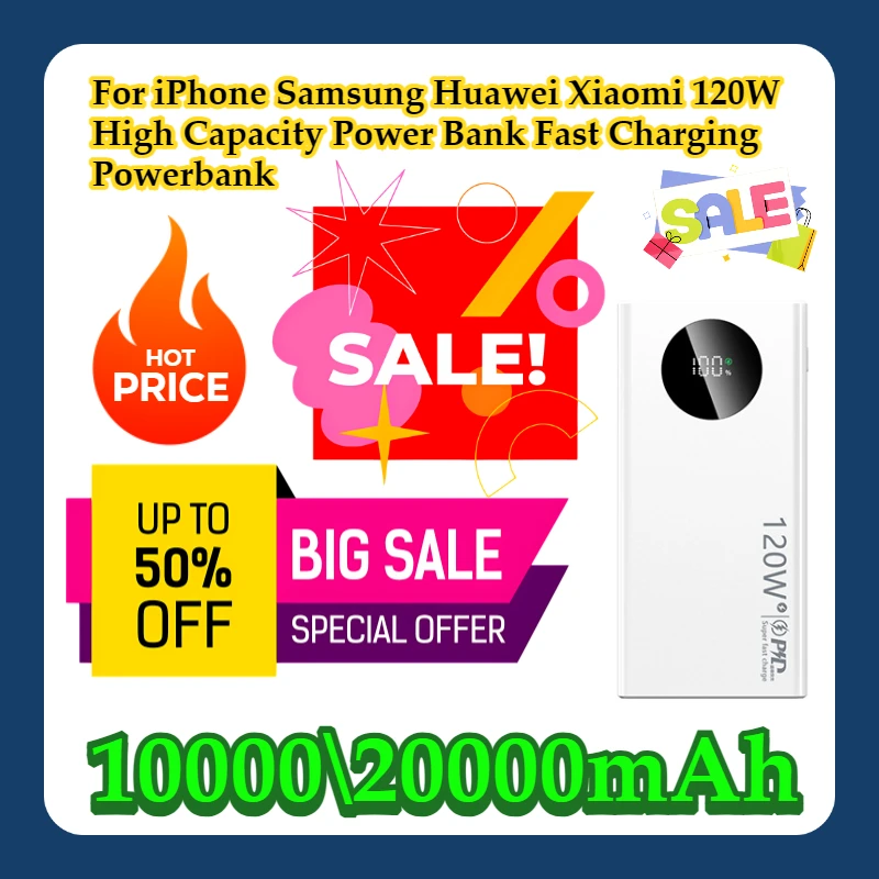 

For iPhone Samsung Huawei Xiaomi 120W 20000mAh High Capacity Power Bank Fast Charging Powerbank