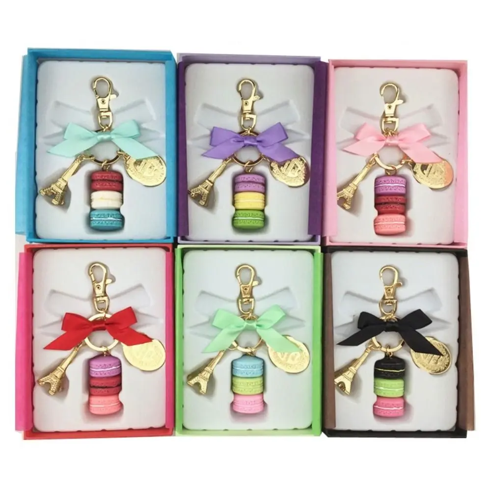 Alloy Bowknot Macaron Cake Pendant Gold Color With Gift Box Eiffel Tower Key Chains Bag Charm Kawaii Macaron Key Ring