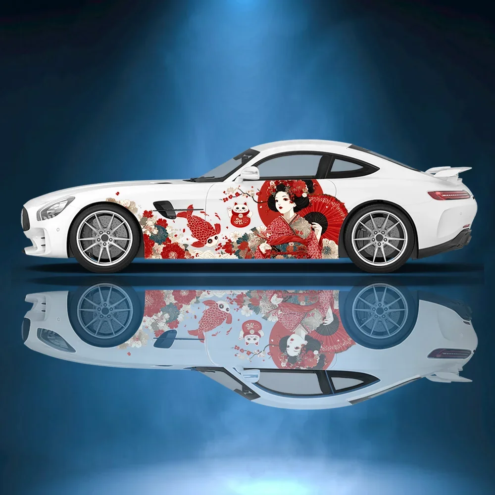 Geisha in traditional kimono; lucky cat in front of Japanese fan; daruma decals fully covered with floral decorations to protect