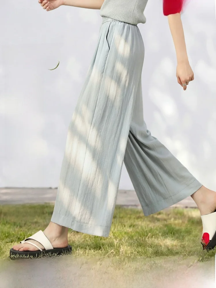 

Casual Wide Leg Pants Women's Summer Loose Elastic Waist Nine Points Lightweight Linen Air Pants Comfortable Breathable