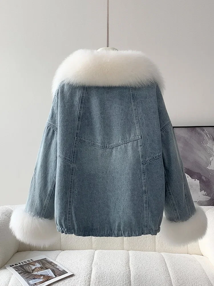 New Denim Fur Jacket,  White Fox Lapel Goose Down Jacket