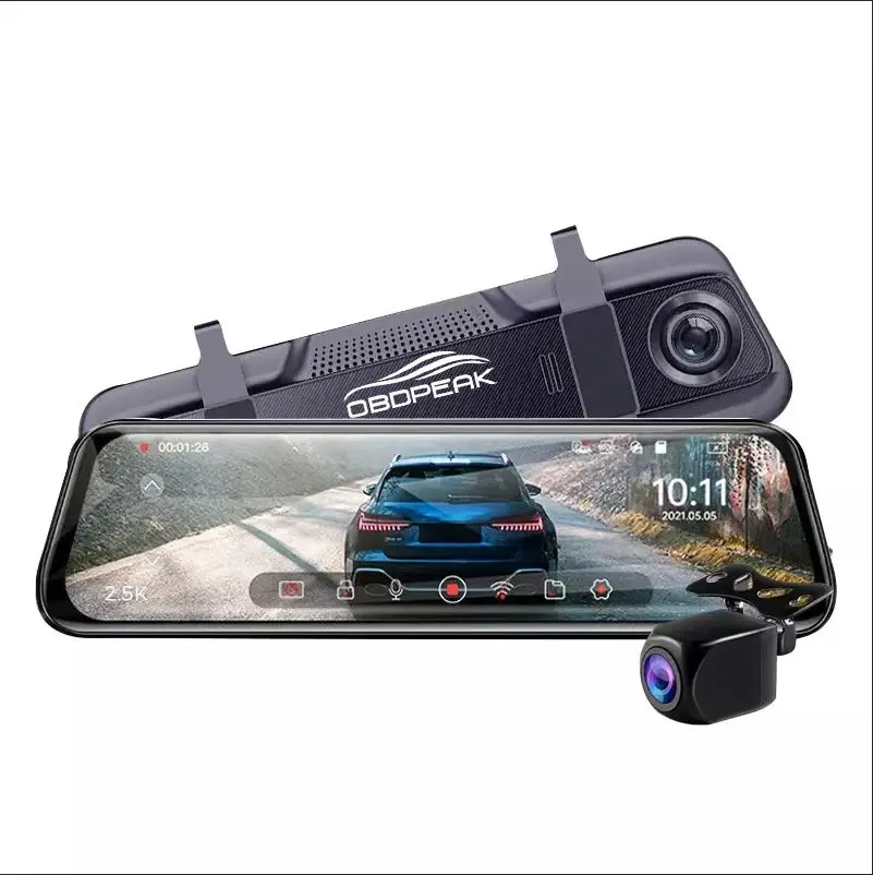 

OBDPEAK 9.66 Inch Car DVR Mirror Video Recorder 2.5K 1440P Touch Screen Dashcam Dual Lens Streaming Driving Recorder Dash Camera