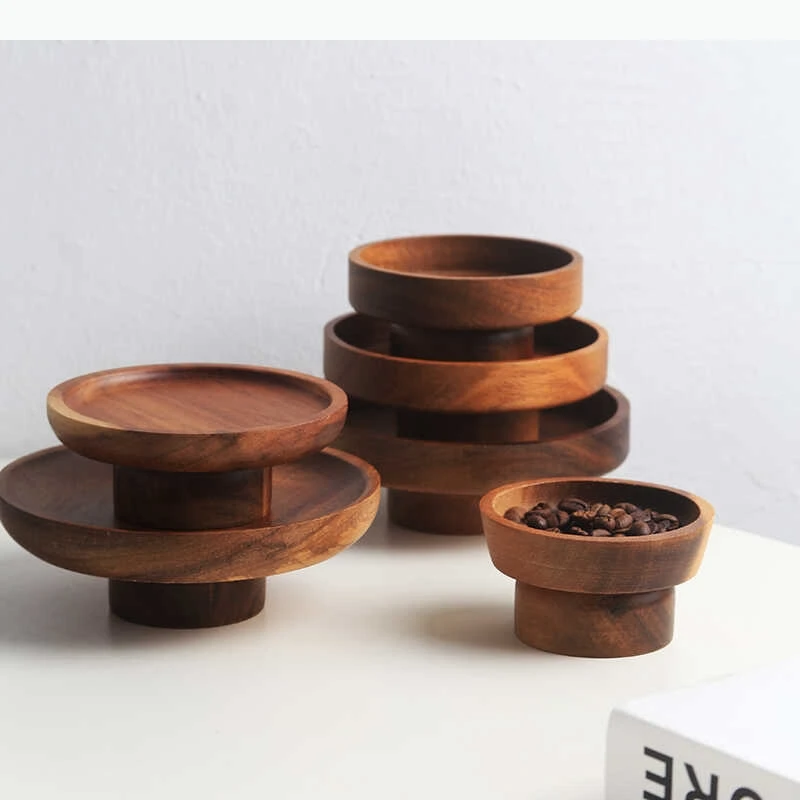 High Footed Dessert Plate Cake Stand Wooden Snack Plate Dim Sum Dish Fruit Dried Fruit Plates Candy Tray Bread Plates