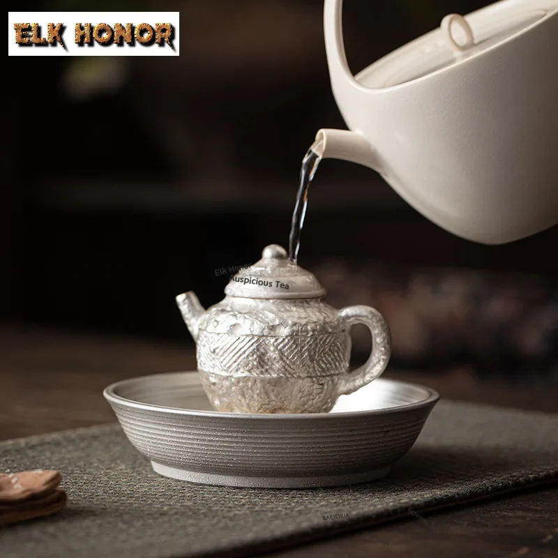 ZAEYORIA Vintage Gilt Silver Circular Pot Bearing Holder Water Storage Dry Soaking Table Tea Tray Coasters Chinese Tea Set Gift